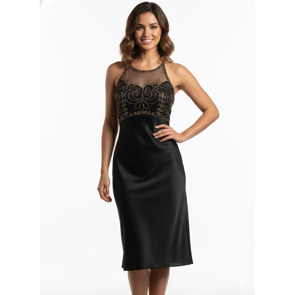 Frederick's of Hollywood Vintage Black Satin Mesh Embroidered Dress Size 11